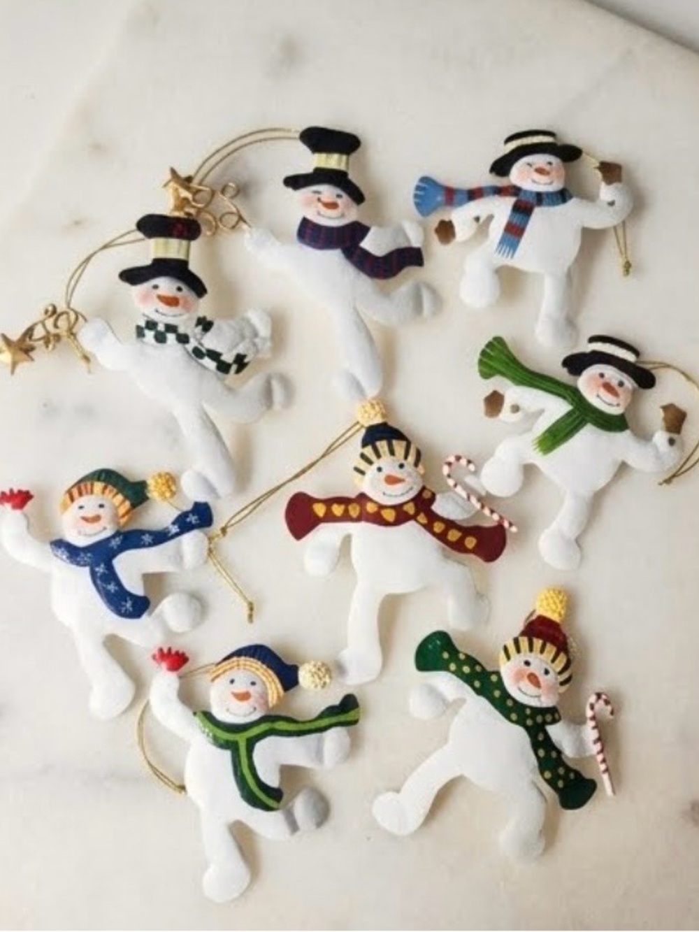 Vtg Painted Tin Metal Snowman Christmas Ornaments Lot of 7
